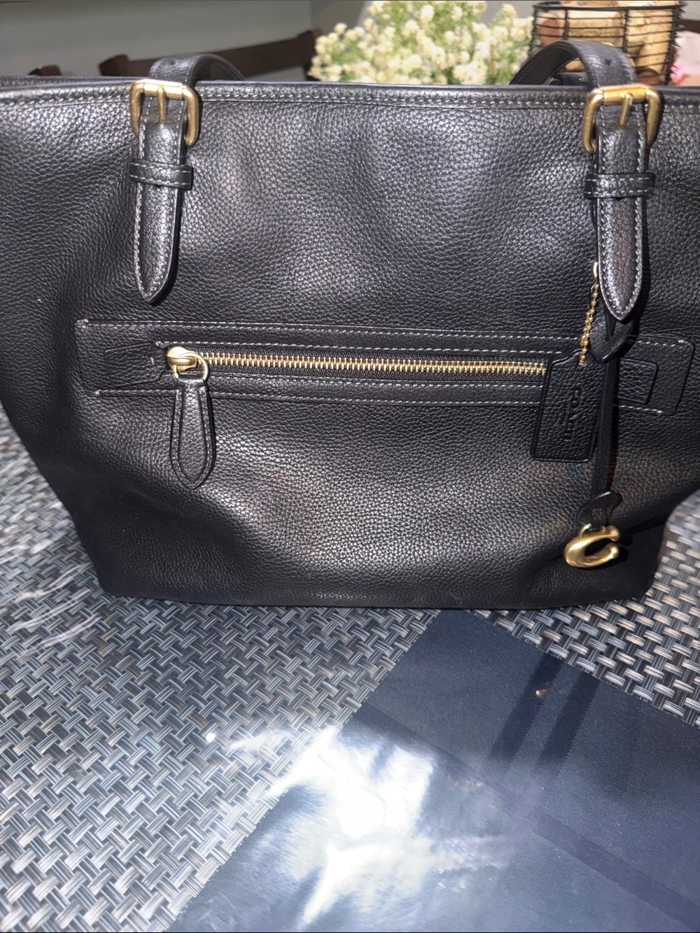 Black Leather Women's Tote Bag with Gold Hardware